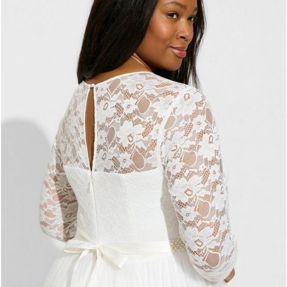 Beautiful Ivory Lace & Tulle Beaded Sash A-Line Wedding Dress sz.18 - Picture 5 of 13